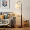 65" Black And Brass Tray Table USB Floor Lamp With Wood Shelf