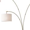 74" Brass Three Light Arc Floor Lamp With Off White Fabric Drum Shade