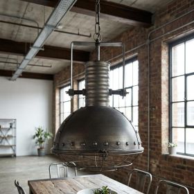 Antiqued Black Metal Hanging Industrial Caged Pendent Light