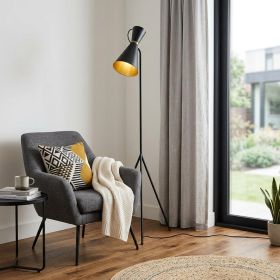 58" Black Metal Tripod Floor Lamp With Black And Gold Metal Cone Shade