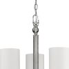 Silver Candle Style Three Light Metal and Crystals Dimmable Chandelier With White Shades
