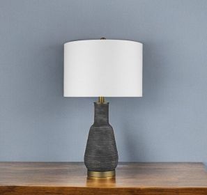 26" Distressed Black and Gold Ceramic Table Lamp With White Drum Shade
