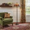 62" Brown Two Light Traditional Shaped Floor Lamp With Red Flowers Stained Glass Dome Shade