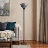 62" Brown And White Torchiere Floor Lamp With White Peacock Feather Glass Dome Shade