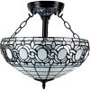 Blue and Black Tiffany Style Two Light Glass Dimmable Semi Flush Ceiling Light