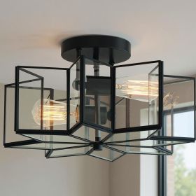 Black Unique Statement Two Light Metal Dimmable Flush Chandelier With Clear Shades
