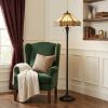 60" Bronze Two Light Traditional Shaped Floor Lamp With Orange and Ivory Abstract Tiffany Glass Empire Shade