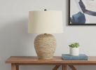 25" Beige Rattan Round Table Lamp With Beige Drum Shade