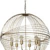 Gold Caged Six Light Metal and Glass Dimmable Chandelier With Gold Shades