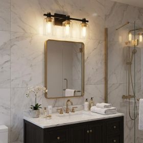 19" Black And Gold Metal and Glass Three Light Bath Bar Vanity Light