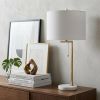 25" Brass And White Round Table Lamp With Drum Shade