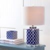 23" Clear Navy Blue And White Geometric Table Lamp With Drum Shade