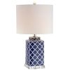 23" Clear Navy Blue And White Geometric Table Lamp With Drum Shade