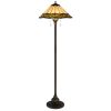 62" Bronze Metal Two Light Floor Lamp With Bone Green And Orange Abstract Tiffany Glass Empire Shade