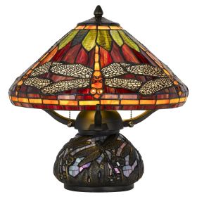 17" Bronze Dragonfly Two Light Round Tiffany Lamp With Dome Shade