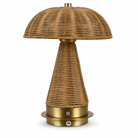 13.25"H Brown Rattan Dome Table Lamp with Brass Metal Base, Touch Switch