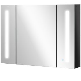 LED Lighted Medicine Cabinet, 35.5"W x 25.5"H, Wall Mounted with Mirror, 3 Cupboards, USB Charge, High Gloss Black