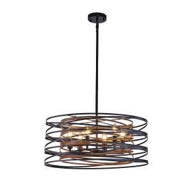 24 Inch Rustic Black And Walnut Pendant Chandelier 6 Light With Wood Accents