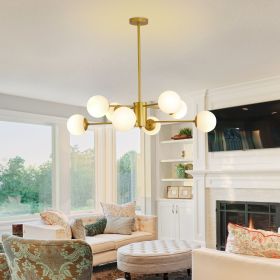 35 Inch Modern Mid Century Gold 8 Light Branching Chandelier With White Glass Globe Shades
