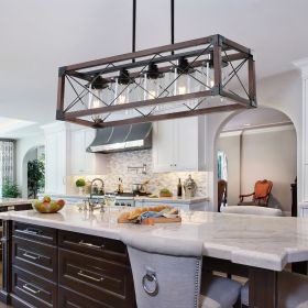 (Same as W1340P155971/L1011-RW-G) 32" Red Wood Industrial Farmhouse Rectangle Pendant Light, 5-Light Chandelier with Lampshade for Dining Room