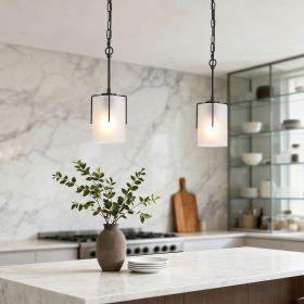 Modern Adjustable Cylindrical Pendant Light, Milky White Frosted Glass & Black Metal Frame, E26 Base, Compatible with Flat/Vaulted/Sloped Ceilings