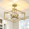 4 Light Gold Industrial Flush Mount Chandelier With Farmhouse Design