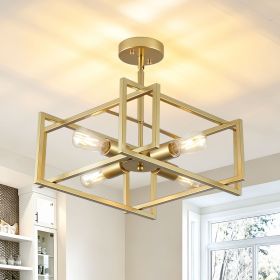 4 Light Gold Industrial Flush Mount Chandelier With Farmhouse Design