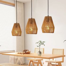 7" Set of 3 Rustic Hemp Rope Pendant Lights, Handcrafted Hanging Light Fixture, Adjustable Height