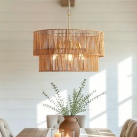 23.62 Inch Handwoven Rattan 2 Tier Chandelier With Layered Design