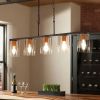 5 Light Linear Industrial Chandelier With Clear Glass Shades And Wood Grain Accent