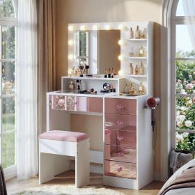 Vanity Desk with Glass Top and 11 Hollywood Bulbs, 3 Color Lighting Modes, Makeup Vanity with Pink Finish Drawers & Shelves