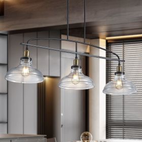45" Industrial 3-Light Pendant Chandelier with Clear Glass Shades, Black Metal Frame, Adjustable Height, Modern Farmhouse Lighting for Kitchen Is