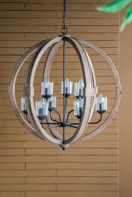 9 Light Globe Wood Chandelier Hanging Light Fixture With Adjustable Height