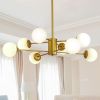 35 Inch Modern Mid Century Gold 8 Light Branching Chandelier With White Glass Globe Shades