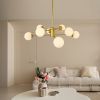 35 Inch Modern Mid Century Gold 8 Light Branching Chandelier With White Glass Globe Shades