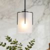 Modern Adjustable Cylindrical Pendant Light, Milky White Frosted Glass & Black Metal Frame, E26 Base, Compatible with Flat/Vaulted/Sloped Ceilings