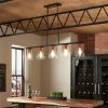 5 Light Linear Industrial Chandelier With Clear Glass Shades And Wood Grain Accent