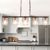 5 Light Linear Industrial Chandelier With Clear Glass Shades And Wood Grain Accent