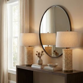 Set of 2 29.5"H White Washed Grass Rope Table Lamp With Oat Shade And Brown Metal Base