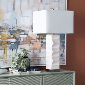 31.75"H White Textured Metal Table Lamp with White Linen Shade