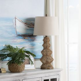 33"H Rattan Table Lamp with Cream Linen Shade