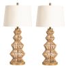 Set of 2  33"H  Adler Turreted Woven Table Lamp with Rattan and Cream Linen Shade