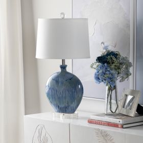 31"H Blue Ceramic Table Lamp w/ Crystal Base & White Shade
