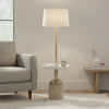 Cream Wood & Natural Rattan Floor Lamp with Natural Linen Shade