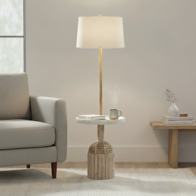 Cream Wood & Natural Rattan Floor Lamp with Natural Linen Shade