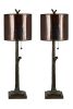 Set of 2 Rowan Oak Resin Tree Buffet Lamp with Amber Mica and Metal Shade