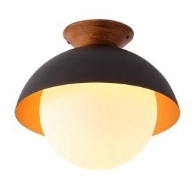 13.5 In. 1-Light Wood Gold Leaf Dome Semi-Flush Mount Light With Opal Glass Globe - 13.5 In. W X 11.4 In. H - Gold Leaf/White (Option: Default)