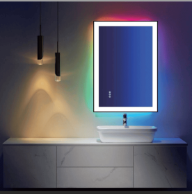 Tempered Glass Frame Mirror with LED Living Room Lighting, Triple Color Temperature/RGB, 28 "x36" Size, Smart Touch Button Lighting Control, Wall (PS005-S1R7090UL: PS005-S1R7090UL)